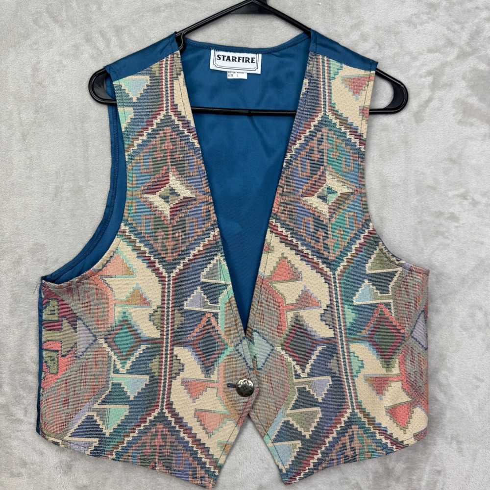 ⁠Vintage 90s Starfire Womens L Tapestry Vest Southwestern Aztec Woven BOHO USA
